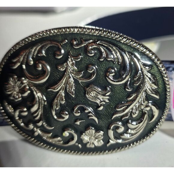 Leather Belt Ornate Silver tone Buckle Floral Embossing  women 2XL western - Picture 2 of 8